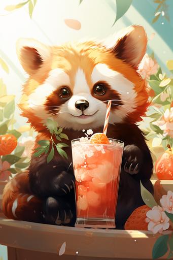 Anthropomorphic Red panda sipping on a Piña Colada, Lazy vacation vibes, Cute Cartoon style, painting by Kōsuke Fujishima and Anna Ileby --ar 2:3 --c 10 --s 300