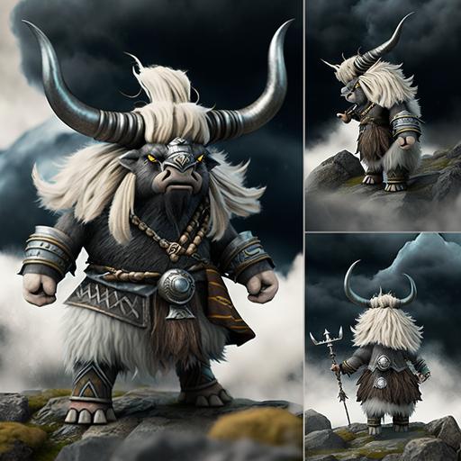 Anthropomorphic Tibetan white fur yak, athletic, tall standing upright, action stance, wearing runic clothing, holding a lightning tipped staff, standing on windy Plateau, multiple angles, anime style, ghibli, overcast sky, high contrast, smiling face, hyper detailed, hyper realistic, untra detailed, 8k, anime, dark souls, character design, D&D