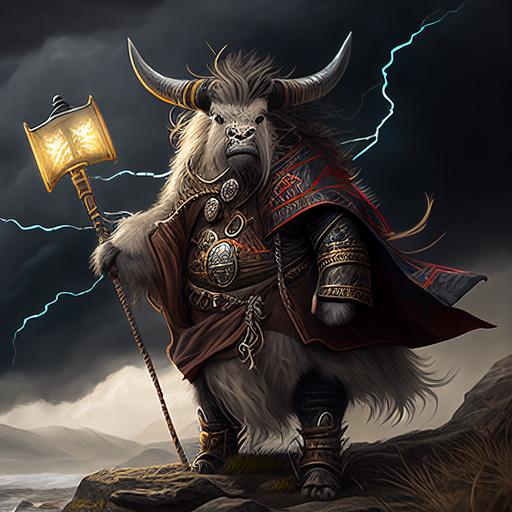 Anthropomorphic Tibetan yak, white fur, yak head, smiling, anime style, anime style, tall standing upright, archaeologist clothing, holding a lightning tipped staff, holding a shield, standing in a windy Plateau, overcast skies, high contrast, high fantasy, character design, dark souls style, hyper detailed, ultra detailed, 8k