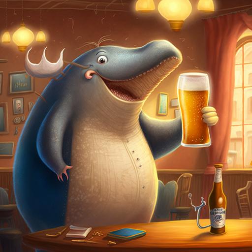 Anthropomorphic Welsh Whale drinking a beer in a pub, Pixar animation, funny picture, highly detailed --v 4
