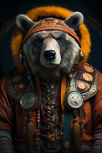 Anthropomorphic bear wearing warrior king tribal outfit, bauhaus art style, HD, shot photography by Wes Anderson --ar 2:3 --upbeta --s 750