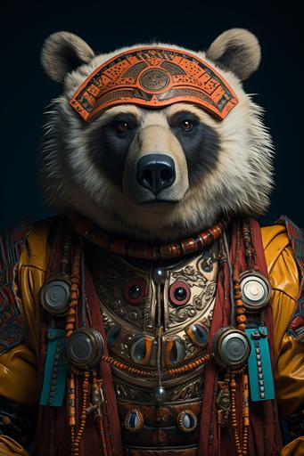 Anthropomorphic bear wearing warrior king tribal outfit, bauhaus art style, HD, shot photography by Wes Anderson --ar 2:3 --upbeta --s 750