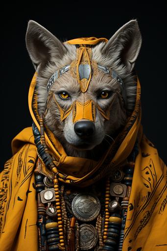 Anthropomorphic hyena wearing warrior king tribal outfit, bauhaus art style, HD, shot photography by Wes Anderson --ar 2:3 --upbeta --s 750