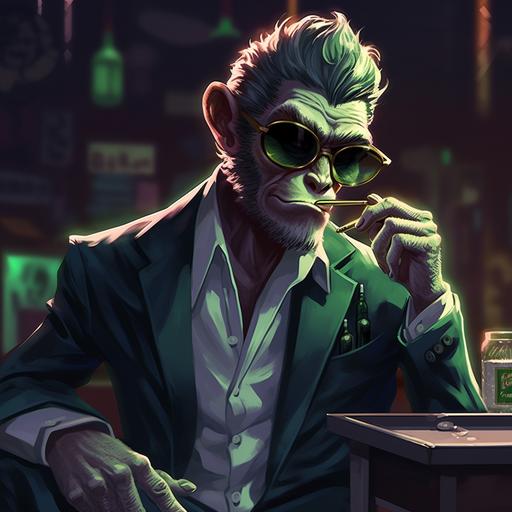 Anthropomorphic, lean, muscular furry chimpanzee with moussed-back blonde hair, big green eyes, black sunglasses on his forehead, silver necklaces, is holding a lit cigarette, and has a sexy smile. He is wearing a tailored black suit, white shirt without a tie, and black shoes. Background is an empty strip club.