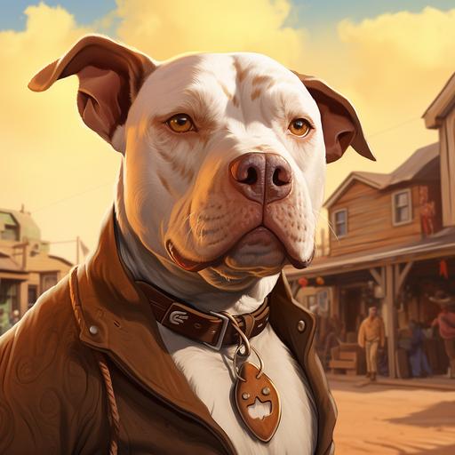 Anthropomorphism of a gunslinger white pitbull dog with boxer dog ears, as a 
