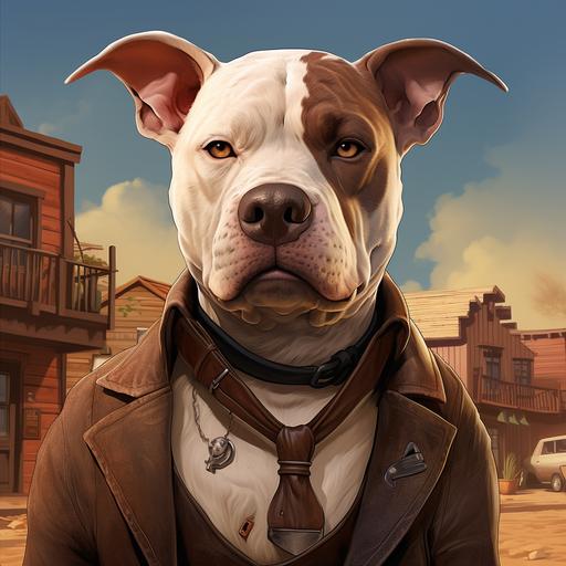 Anthropomorphism of a gunslinger white pitbull dog with boxer dog ears, as a 