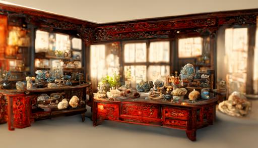 Antique shop, antique shop, long table, Chinese style hollowed out wooden window, sunshine inside the house, ancient antique shop, a wide range of antiques on the shelves, there are also several beautiful porcelain on the table, coral red mixed blue color, some antiques related to coral and fish, Jeepli Studio, Unreal Engine, 4K --ar 16:9