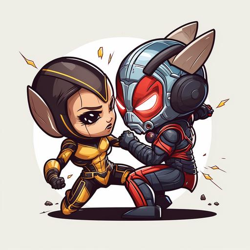 Antman and The Wasp in quantumania cartoon character, white background, 2d, 4k, In a headlock, fighting