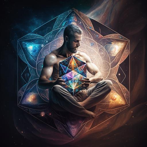 a man sitting inside a 3d merkaba with all 7 chakras illuminating in his body with a celestial background