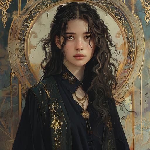 Anya Chalotra as a druid necromancer, black eyes eyes, wavy hair, wearing black robes with gold embroidery, in an asian temple with an eye motif, dnd, ethereal, magical, intricately detailed, in the style of alphonse mucha