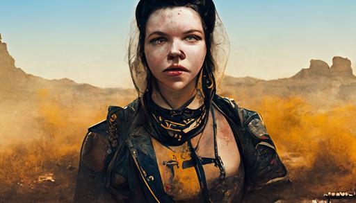 Anya Taylor-Joy, beautiful, Mad Max, cherubic pretty symmetrical woman, beautiful, scars, tribal, leader of a biker gang, post-apocalyptic cosplay, dirty, rusty, fallout, raider, interior, rock cave, canyon, octane render, unreal engine, trending on artstation, by Brendan Mccarthy, by Craig Mullins, Ingres, Vermeer, symmetrical, golden ratio, illustration, poster, flowing hair, portrait, muted colors, character concept art, --w 1920 --h 1080 --uplight --no blur