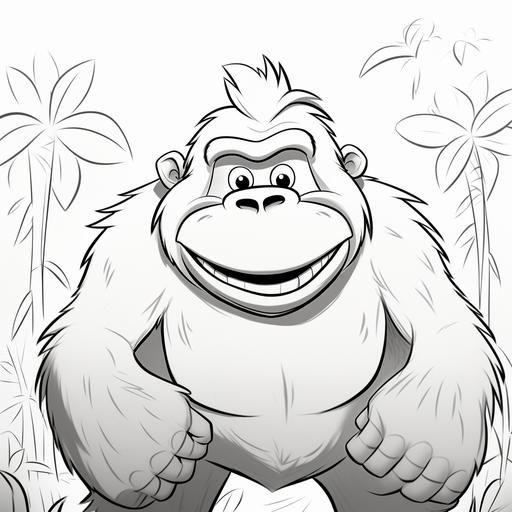 Ape, cartoon like, pixar, simple lines, no color, coloring book for age 5