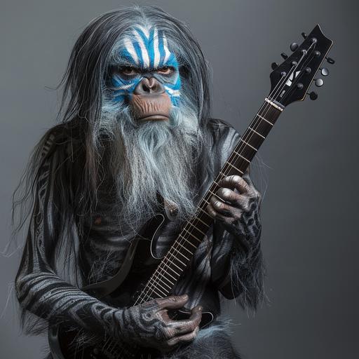 Ape man with blue striped war paint, long hair, long grey beard with white down the sides, holding a black electric guitar. Grey background.