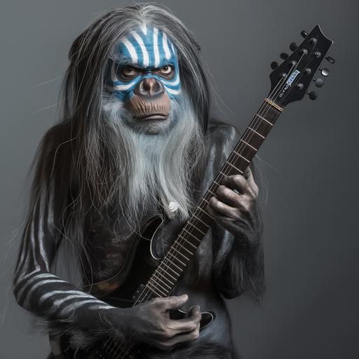 Ape man with blue striped war paint, long hair, long grey beard with white down the sides, holding a black electric guitar. Grey background. --v 6.0