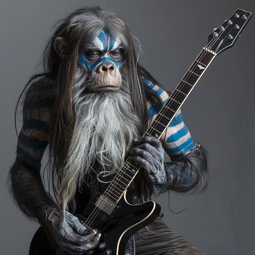 Ape man with blue striped war paint, long hair, long grey beard with white down the sides, holding a black electric guitar. Grey background.