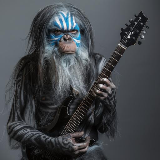Ape man with blue striped war paint, long hair, long grey beard with white down the sides, holding a black electric guitar. Grey background. --v 6.0