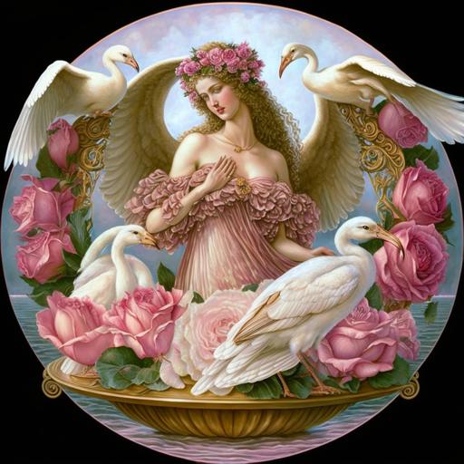 Aphrodite standing on open clam shell, doves, pink roses, sea, pearls ::