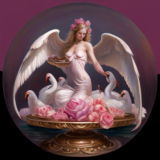 Aphrodite standing on open clam shell, doves, pink roses, sea, pearls ::