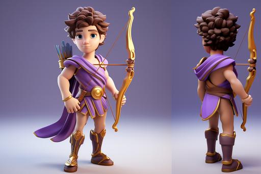 Apollo Greek God character dressed purple with bow full body cartoon 360°