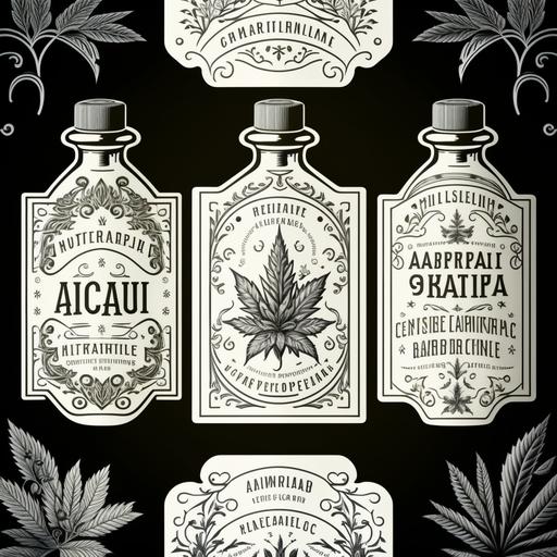 Apothecary Labels, Cannabis tincture, vector, brand, label, 1900s, intricate designs, black on white background