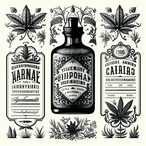 Apothecary Labels, Cannabis tincture, vector, brand, label, 1900s, intricate designs, black on white background