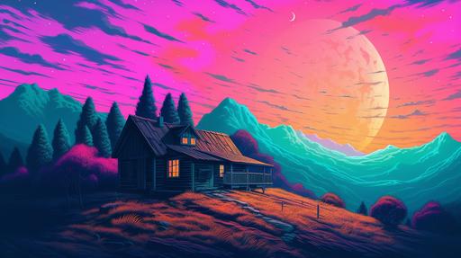 Appalachian Vaporwave: A surreal digital artwork combining the rustic charm of Appalachian mountain landscapes with vaporwave aesthetics. Picture rolling hills and dense forests in soft pastel colors, overlaid with retro 80s neon grids and elements. A cabin with glowing neon accents, set amidst misty mountains at dusk. Ethereal sky with purple and pink hues, digital artifacts and VHS static effects, capturing the essence of both natural tranquility and retrofuturism. Include a stylized sun or moon with geometric patterns, blending natural beauty with cyberpunk vibes. --s 333 --ar 16:9 --v 5.0