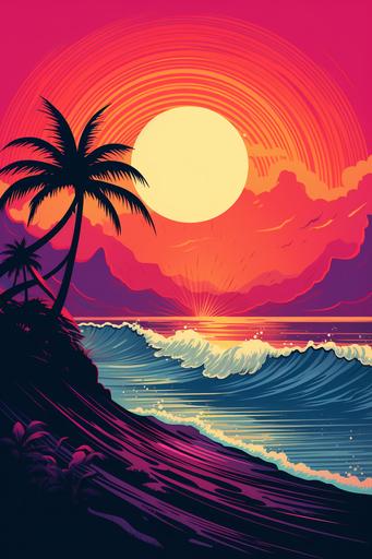 Appalachian Vaporwave themed surfing poster in Bali, vintage style with a neon mountain backdrop, minimalistic yet vibrant, bold lines in vaporwave palette 1209 1211b --ar 2:3 --v 5.2