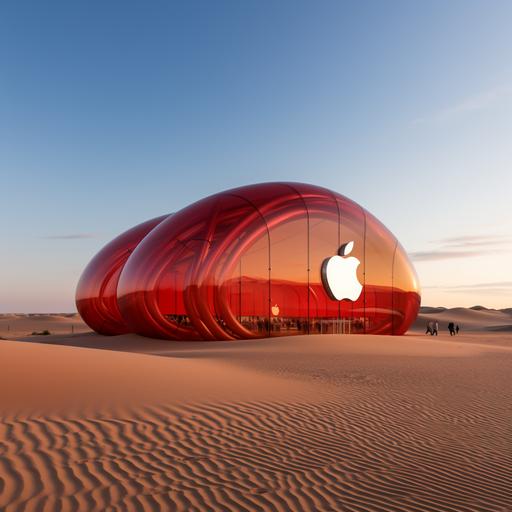 Apple Centre with apple logo in the middle of the desert with topeng made of transparent balloons and clear glass, bright colours --s 250 --c 50 --v 5.2