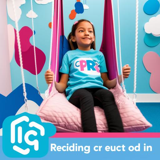 Create a 3D image of a child sitting on a swing inside a sensory integration room, surrounded by colorful equipment like pillows and a climbing wall. The child is wearing a shirt with an 