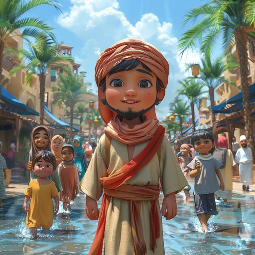 Arabic Cartoon individual bayt mansour characters in a theme park with children, cartoon --s 750