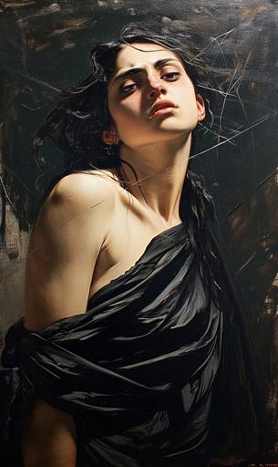 Arachne from greek mythology by Caravaggio, spiders around her, webs, anguish, sadness, beautiful woman with black hair and emerald green eyes, wears black toga, classical, portraits, moody, detailed --ar 3:5 --v 6.0 --style raw