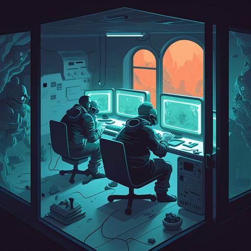 a team of nerds working on their computers in a futuristic room with the image,blob:https://discord.com/8da57185-ce76-4fa7-ae2e-95ad3dfd01d6, at window