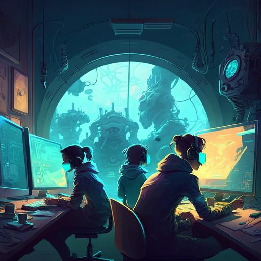 a team of nerds working on their computers in a futuristic room with the image,blob:https://discord.com/8da57185-ce76-4fa7-ae2e-95ad3dfd01d6, at window