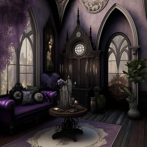 Architecture: Gothic Fashion: Preppy Interior Design: Shabby Chic with purple accents --v 4