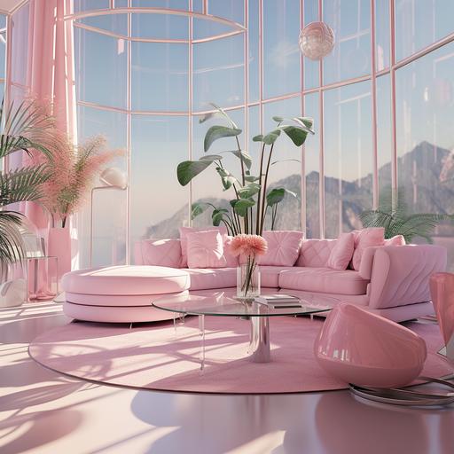 Architecture photography. It's a large colorful room with pink walls, modern and comfortable furniture. There's a big pink rug across the floor. High walls, large glass windows. Natural lighting, cinematic lighting, fun, dreamland, happy, young, pink color palette. Barbie style. Sunny summer day. highly detailed, 8K, ultra realistic 35mm, 8k --ar 1:1 --v 5.2 --stylize 250