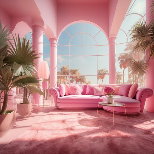 Architecture photography. It's a large colorful room with pink walls, modern and comfortable furniture. There's a big pink rug across the floor. High walls, large glass windows. Natural lighting, cinematic lighting, fun, dreamland, happy, young, pink color palette. Barbie style. Sunny summer day. highly detailed, 8K, ultra realistic 35mm, 8k --ar 1:1 --v 5.2 --stylize 250