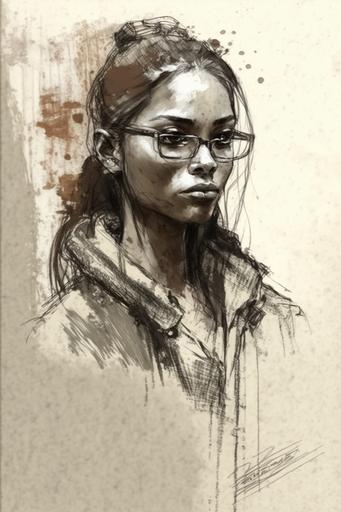 Arcturia Skrikjeger, pencil sketch character by Guy Denning, white background, 15 year old brown-skinned modern Indian girl, bulged nose, straight hair, long round face, spectacles --ar 2:3