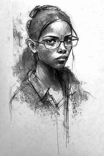 Arcturia Skrikjeger, pencil sketch character by Guy Denning, white background, 15 year old brown-skinned modern Indian girl, bulged nose, straight hair, long round face, spectacles --ar 2:3
