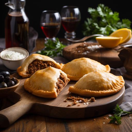 Argentine empanadas: Pies stuffed with finely chopped beef, onions, olives and spices, baked until golden brown. and a wooden table --v 5 --s 100
