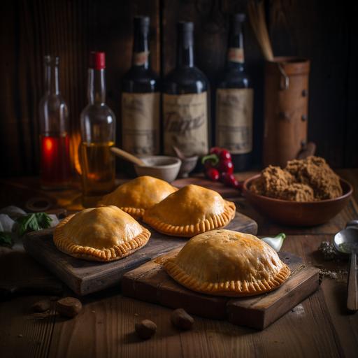 Argentine empanadas: Pies stuffed with finely chopped beef, onions, olives and spices, baked until golden brown. and a wooden table --v 5 --s 100
