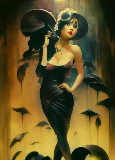 Aria Giovanni as a flapper, investigator in 1920, Artstation, by Frank Frazetta, by Hayao Miyazaki, by H.R. Giger, Comic Book, Dramatic, Dichromatism, Tonal Colors, Dark Mode, Tones of Black in Background, High Contrast, Multiverse, 4k, Adobe RGB, Divine, Massive, OCD, Muted, Binary, Natural Lighting, Cinematic Lighting, Mycelium, Posterization, Anti-Aliasing, Post-Production, CGI, insanely detailed and intricate, hypermaximalist, elegant, ornate, hyper realistic, super detailed, investigating, Nightmare of Cthulhu in the background, 0.5 Call Of Cthulhu, 0.5 by Alfons Mucha, By Jack kirby --w 1344 --h 1920 --test --creative