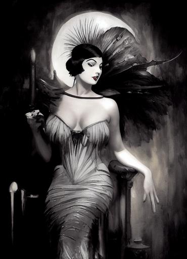 Aria Giovanni as a flapper, investigator in 1920, Artstation, by Frank Frazetta, by Hayao Miyazaki, by H.R. Giger, Comic Book, Dramatic, Dichromatism, Tonal Colors, Dark Mode, Tones of Black in Background, High Contrast, Multiverse, 4k, Adobe RGB, Divine, Massive, OCD, Muted, Binary, Natural Lighting, Cinematic Lighting, Mycelium, Posterization, Anti-Aliasing, Post-Production, CGI, insanely detailed and intricate, hypermaximalist, elegant, ornate, hyper realistic, super detailed, investigating, Nightmare of Cthulhu in the background, 0.5 Call Of Cthulhu, 0.5 by Alfons Mucha, By Jack kirby --w 1344 --h 1920 --test --creative