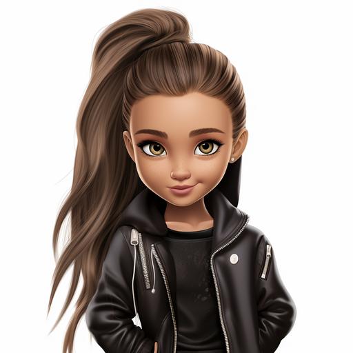 Ariana Grande, Bratz style , ponytail girl, leather jacket, clipart, white background