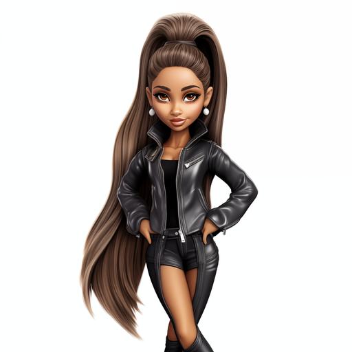 Ariana Grande, Bratz style , ponytail girl, leather jacket, clipart, white background