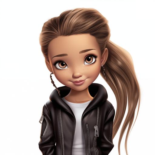 Ariana Grande, Bratz style , ponytail girl, leather jacket, clipart, white background