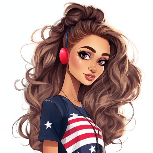 Ariana Grande, Bratz style, ponytail girl, big hair, Patriots shirt, big hoop earrings, clipart, white background, wavy hair
