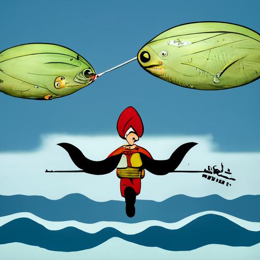 turkish cartoon characters fishing for pike and perch superhero