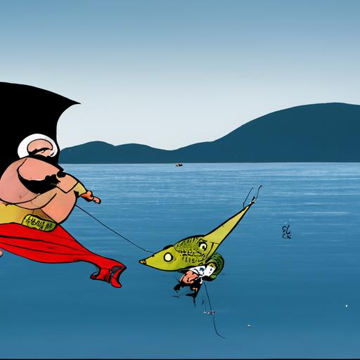 turkish cartoon characters fishing for pike and perch superhero