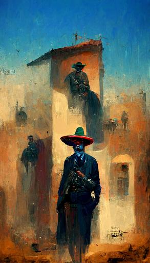 Pancho Villa in a dark blue sombrero :: desert landscape :: highly detailed :: Mexican revolution :: comic book cover :: portrait :: in the style of Sean Phillips :: in the style of Ed Brubaker —ar 9:16
