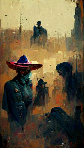 Pancho Villa in a dark blue sombrero :: desert landscape :: highly detailed :: Mexican revolution :: comic book cover :: portrait :: in the style of Sean Phillips :: in the style of Ed Brubaker —ar 9:16
